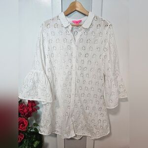 White Evelet Bell Sleeve Tunic Lilly Pulitzer Eyelet Button Down